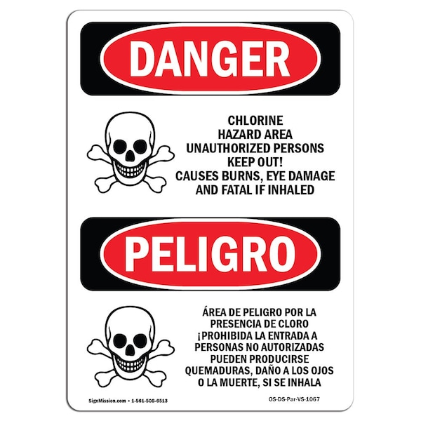 Safety Sign, OSHA Danger, 5" Height, Chlorine Hazard Area Bilingual Spanish, 10PK